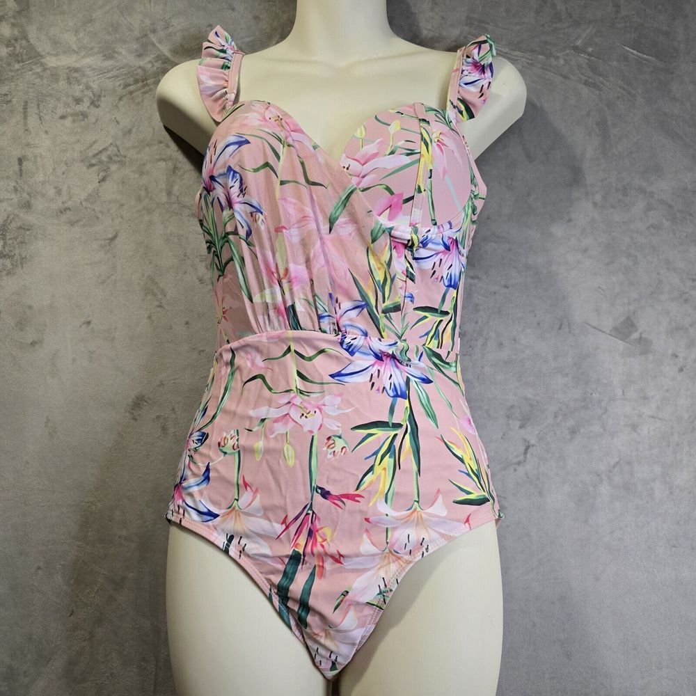 One Piece Swimsuit Size Small Pink Floral‎  Ruffle Strap Padded Bra High Back
